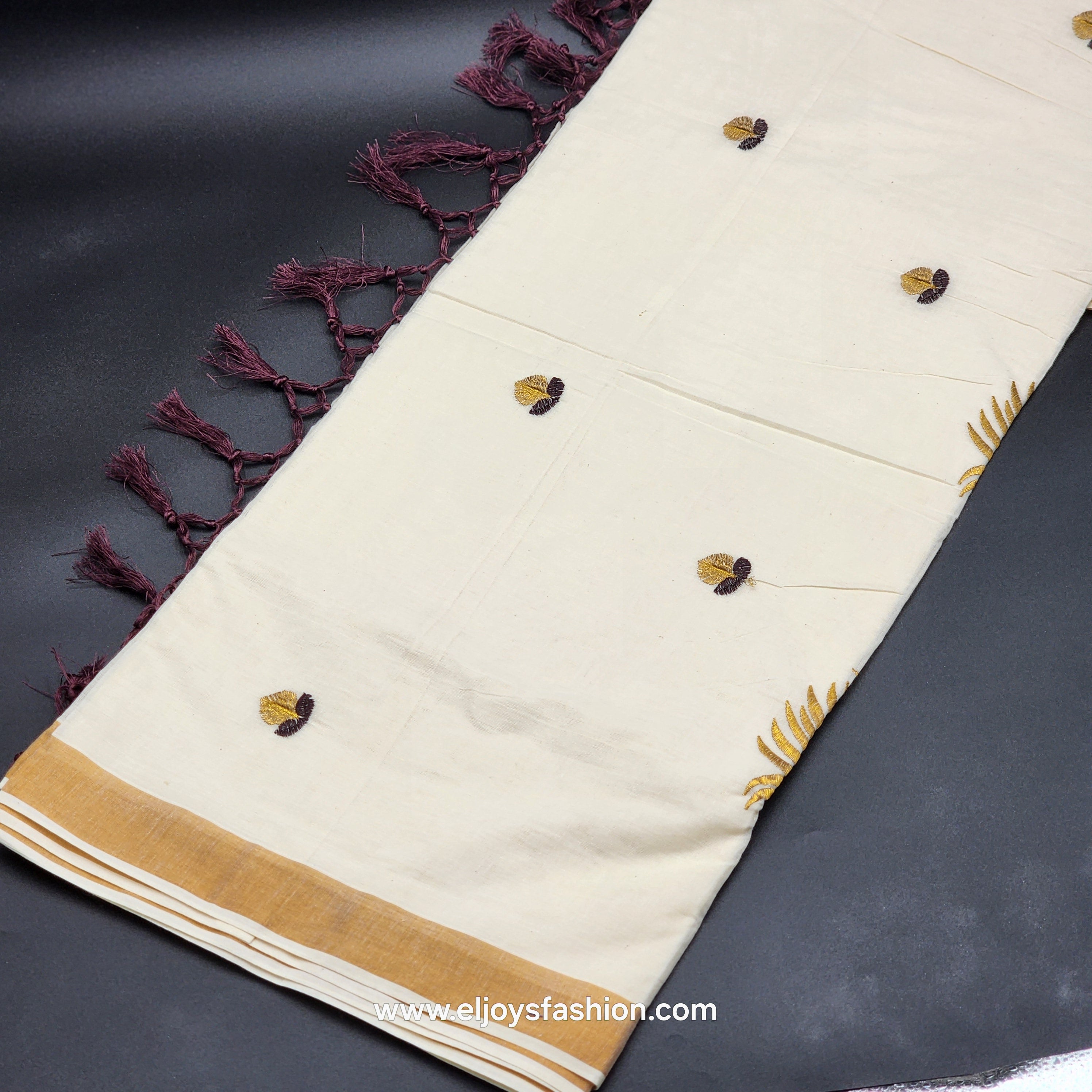 Saree 4 inch wide golden border chocolate creeper embroidery and full body Peacock train goden/choclate embroidery 2148
