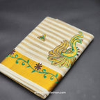 Saree golden border green creeper embroidery and full body Peacock design green/chocolate embroidered 2149