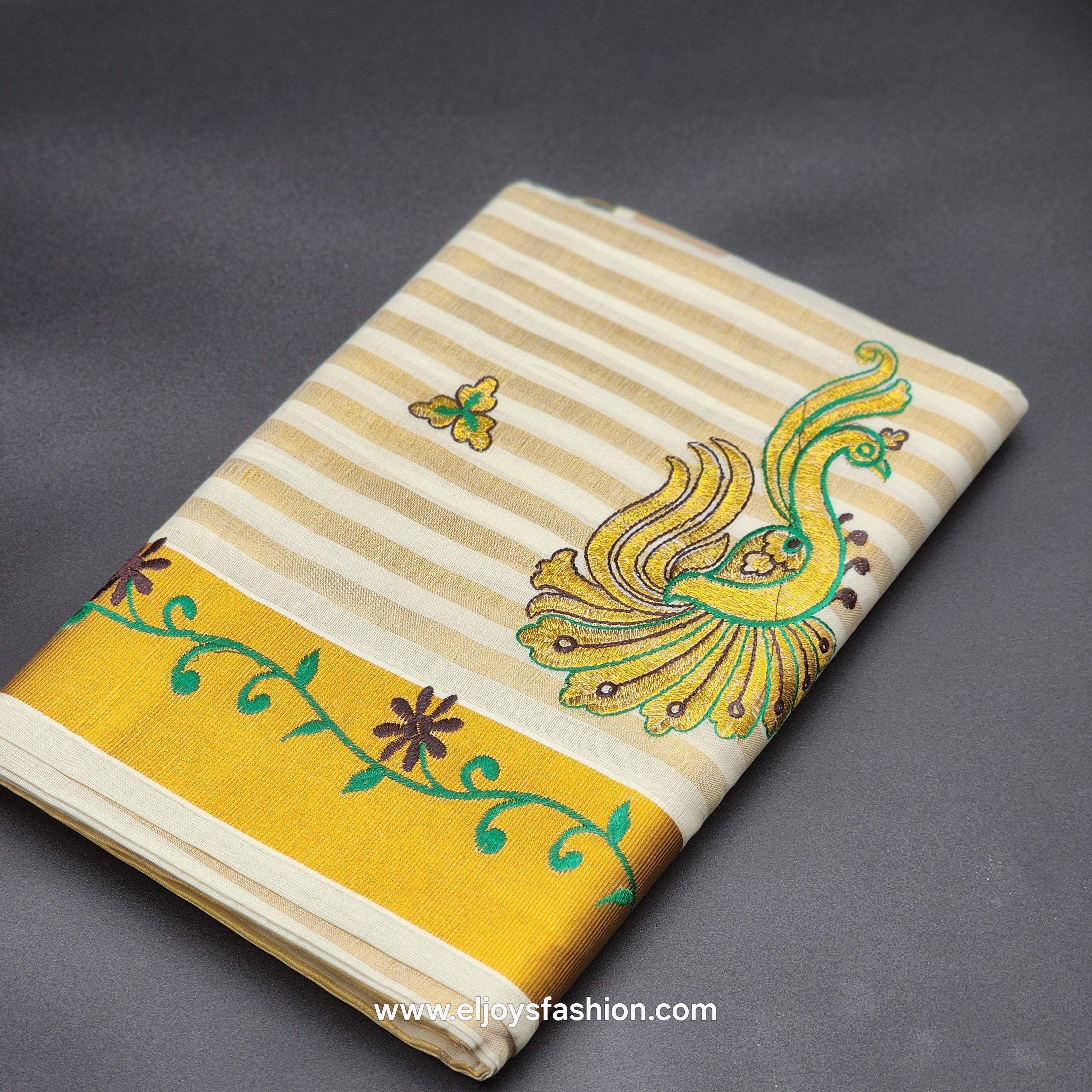 Saree golden border green creeper embroidery and full body Peacock design green/chocolate embroidered 2149