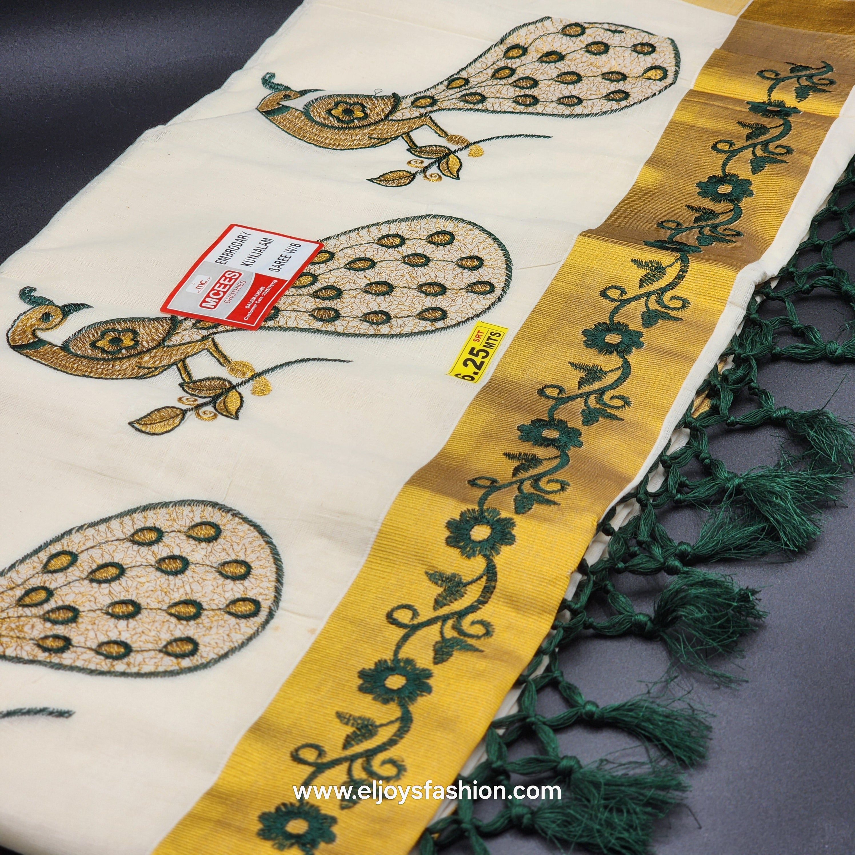 Saree golden border green creeper embroidery and full body Peacock design green/Gold embroidered 2150
