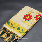 Saree 4 inch wide golden border with Green Creeper embroidery and Golden green red floral embroidery on body 2146