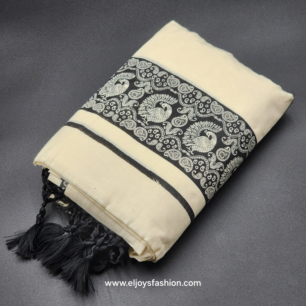 Set Mundu kalamkari peacock border with tassels 4001