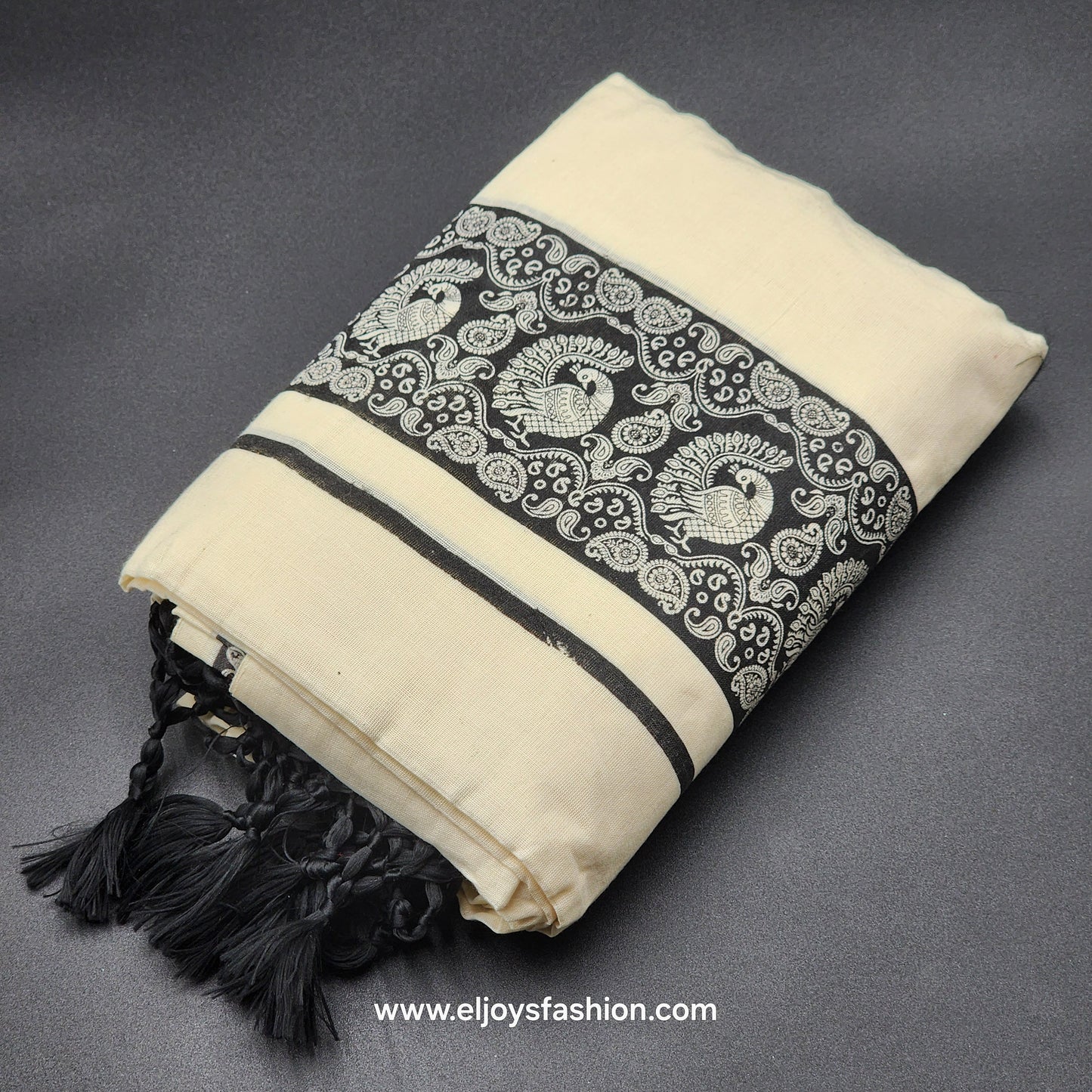 Set Mundu kalamkari peacock border with tassels   4001