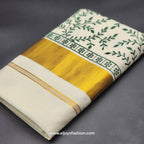 Kerala Saree 3 inch wide golden border and green creeper embroidery works on body 2144