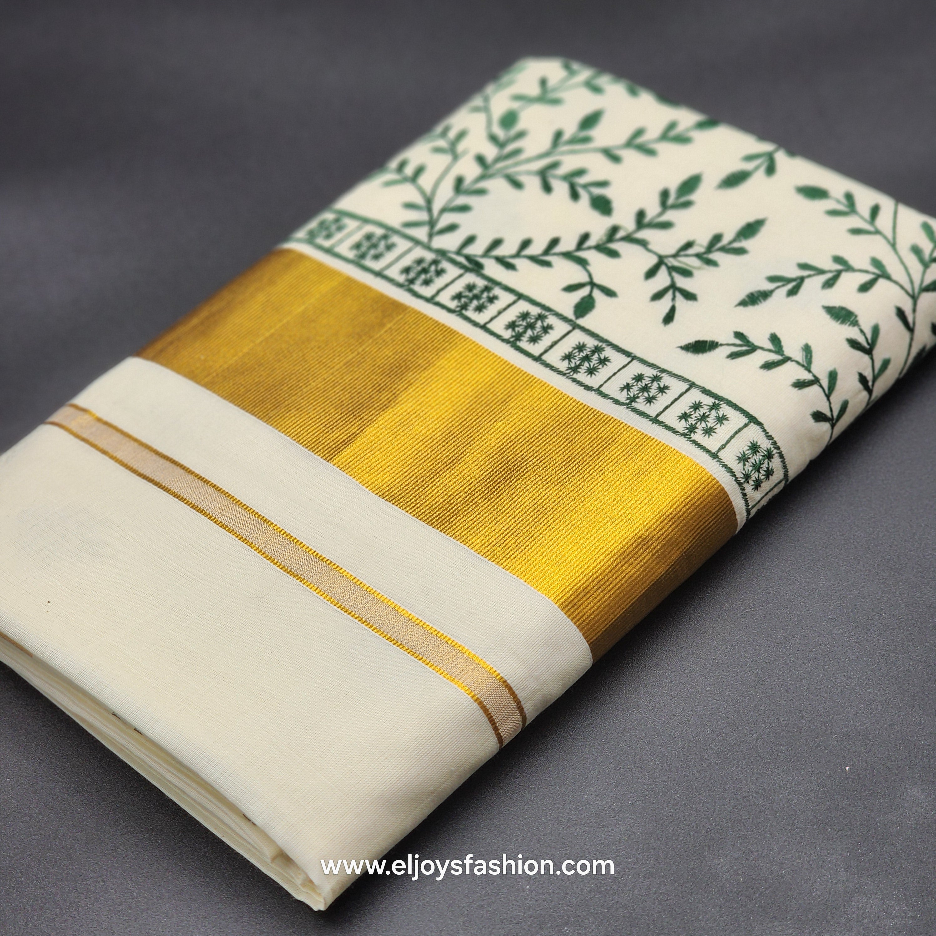 Kerala Saree 3 inch wide golden border and green creeper embroidery works on body 2144