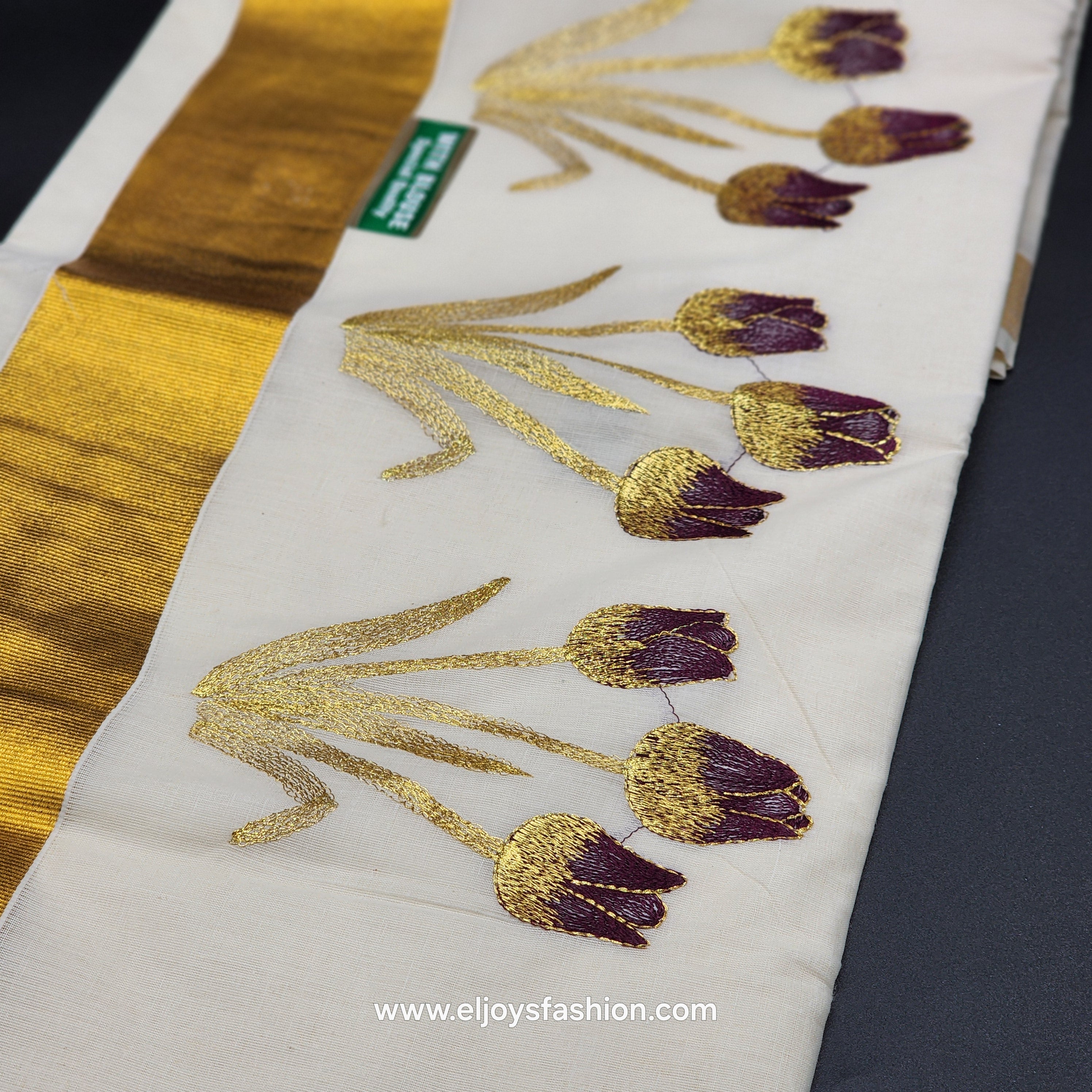 Kerala Saree 4 inch wide golden border and embroidered Tulip works on body 2145