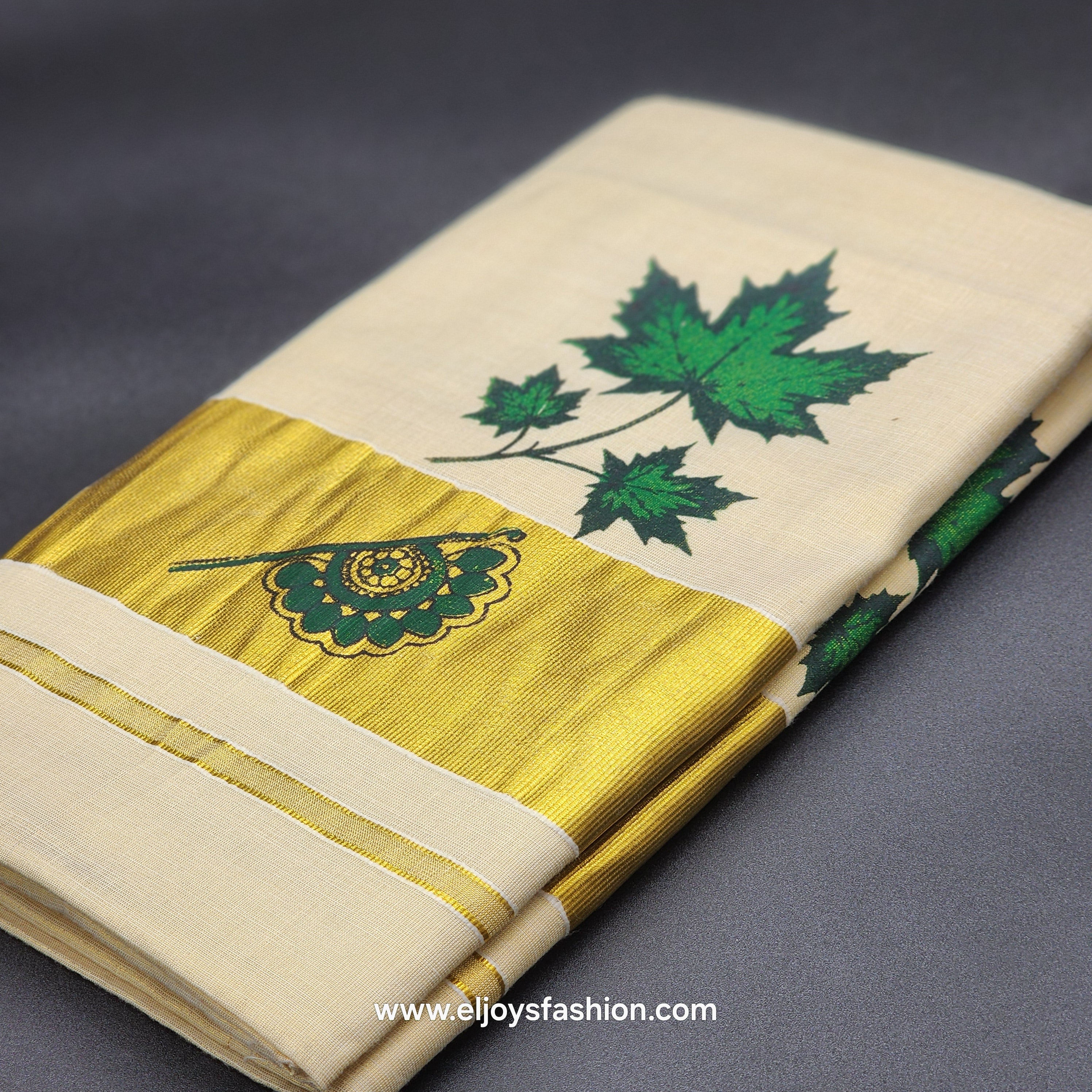 Kerala Saree 4 inch wide golden border and Ombre Green leaves on body 2143 Eljoys Fashion