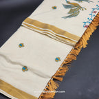 Kerala Saree Embroidered birds design in golden and blue with blue creeper border Tassel work 2142 Eljoys Fashion