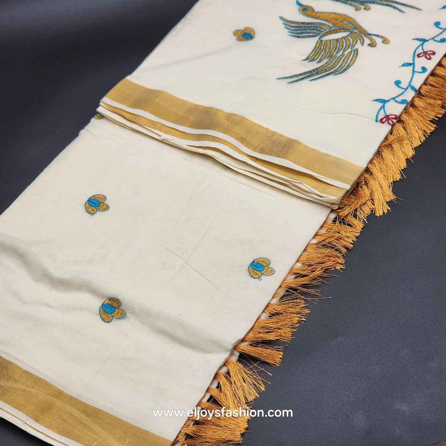 Kerala Saree Embroidered birds design in golden and blue with blue creeper border Tassel work  2142
