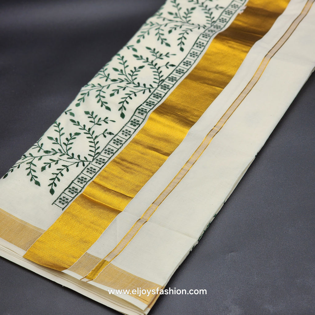 Kerala Saree 3 inch wide golden border and green creeper embroidery works on body 2144