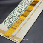 Kerala Saree 3 inch wide golden border and green creeper embroidery works on body 2144