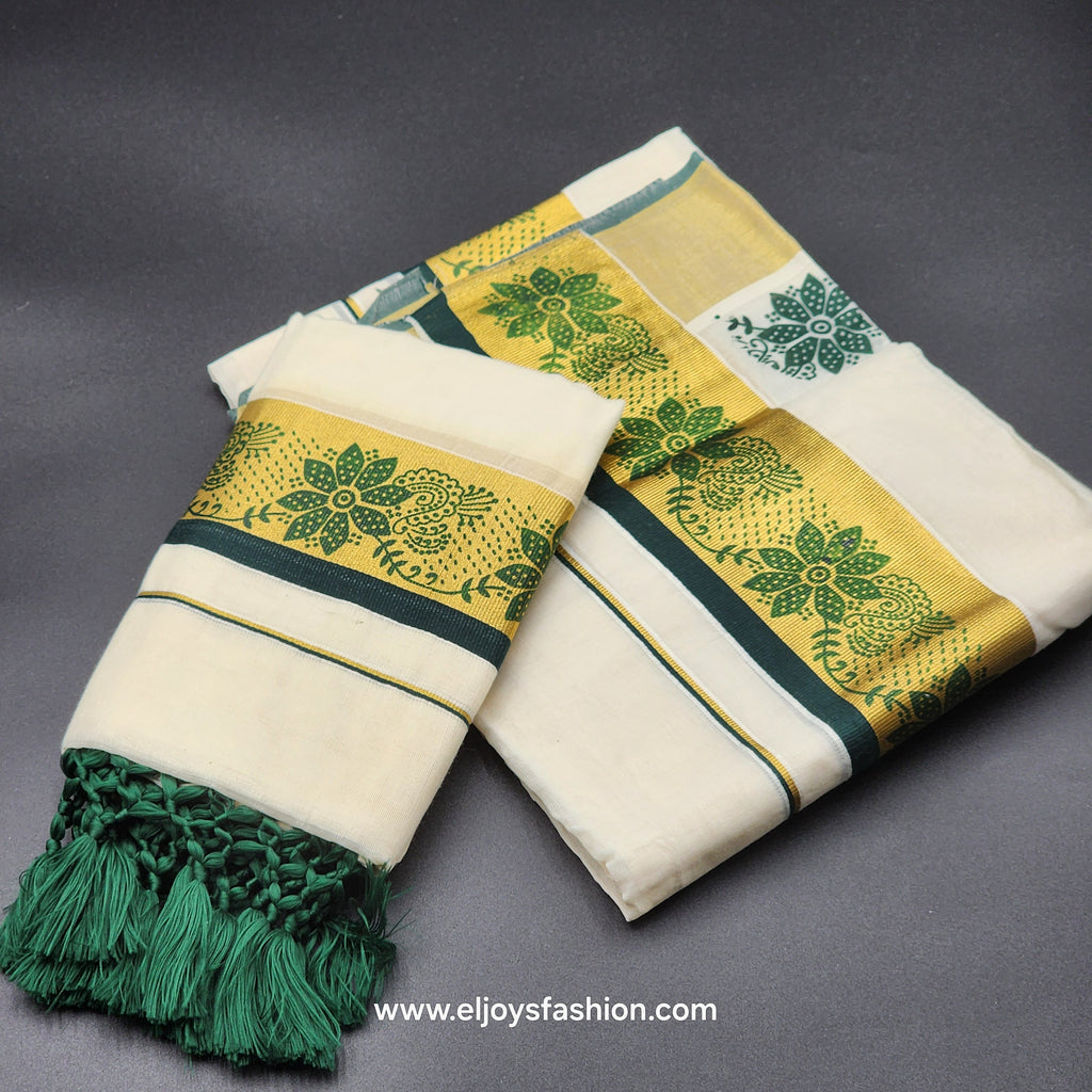Set Mundu Tissue Silk  floral Design in purple and  Green with Tassel work 4012