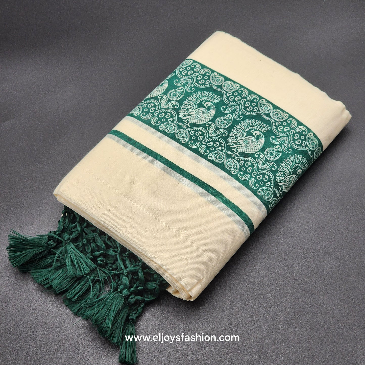 Set Mundu kalamkari peacock border with tassels   4001