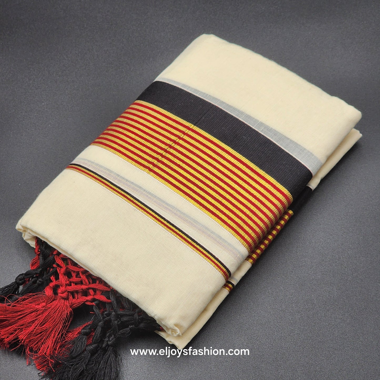 Set Mundu black red tassel works with gold burgundy  black lines 4004