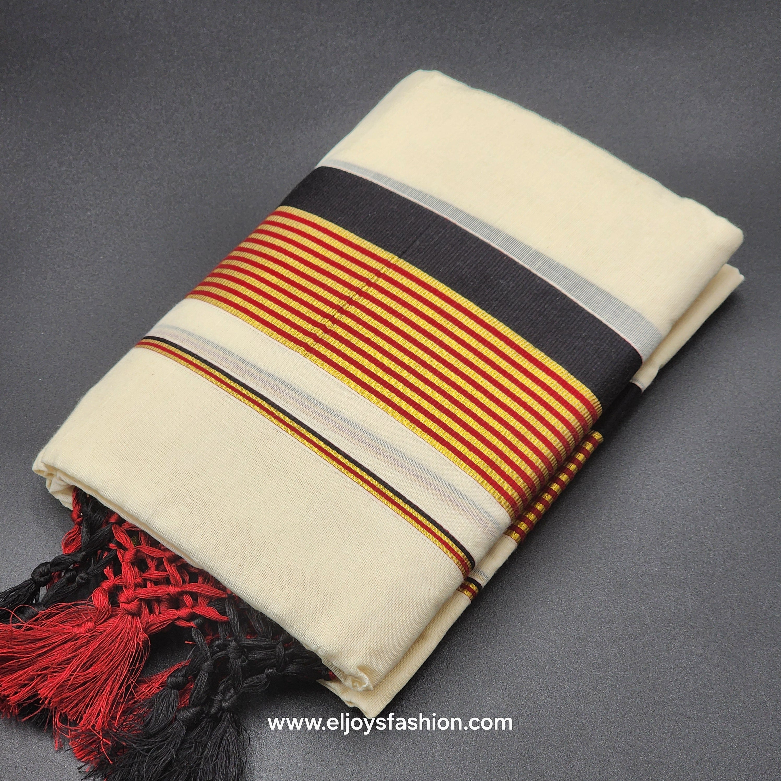 Set Mundu black red tassel works with gold burgundy black lines 4004 Eljoys Fashion