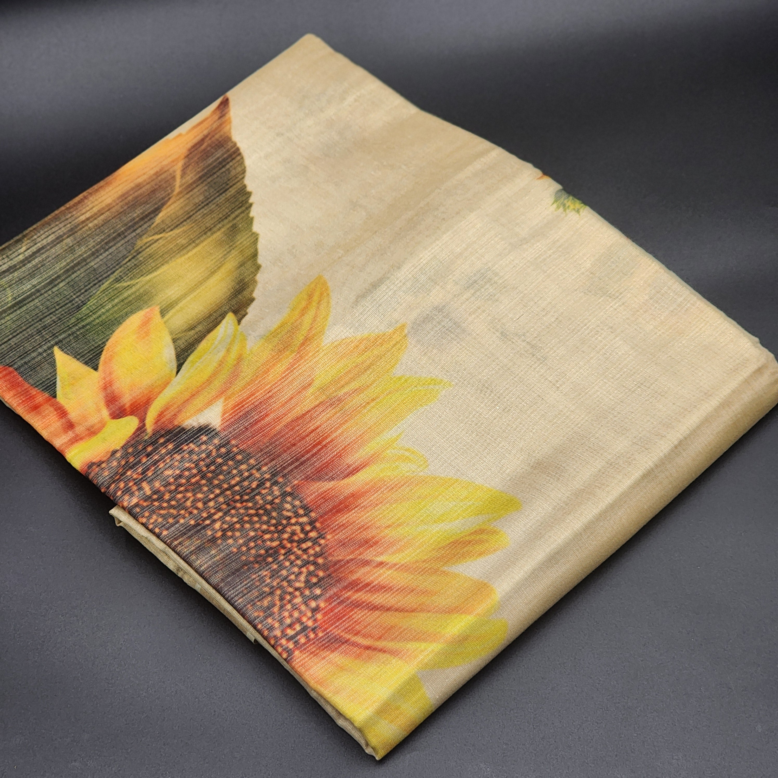 Floral print art silk saree - Large sunflower design with Green Tussel work 2139 Eljoys Fashion