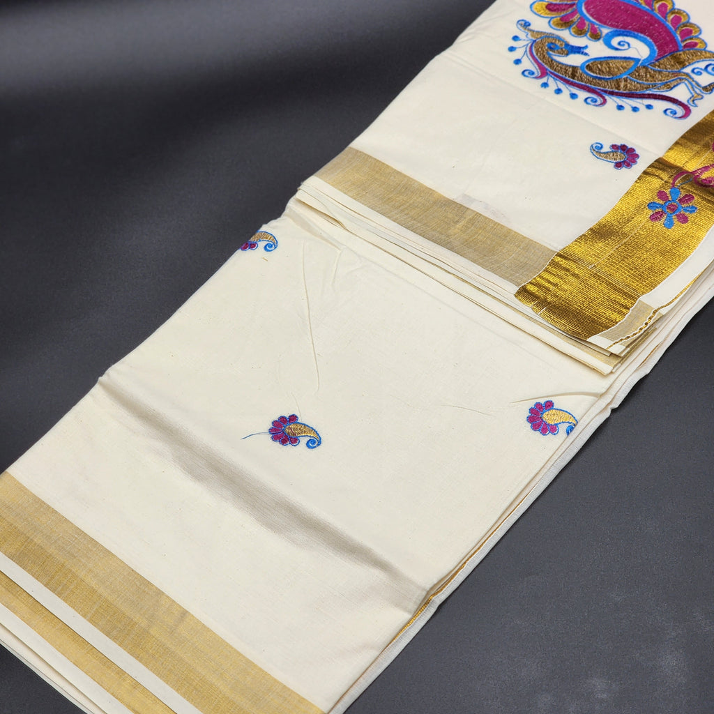 Traditional South Indian Saree peacock design in Blue , Gold dark pink with golden border floral design 2133 Eljoys Fashion