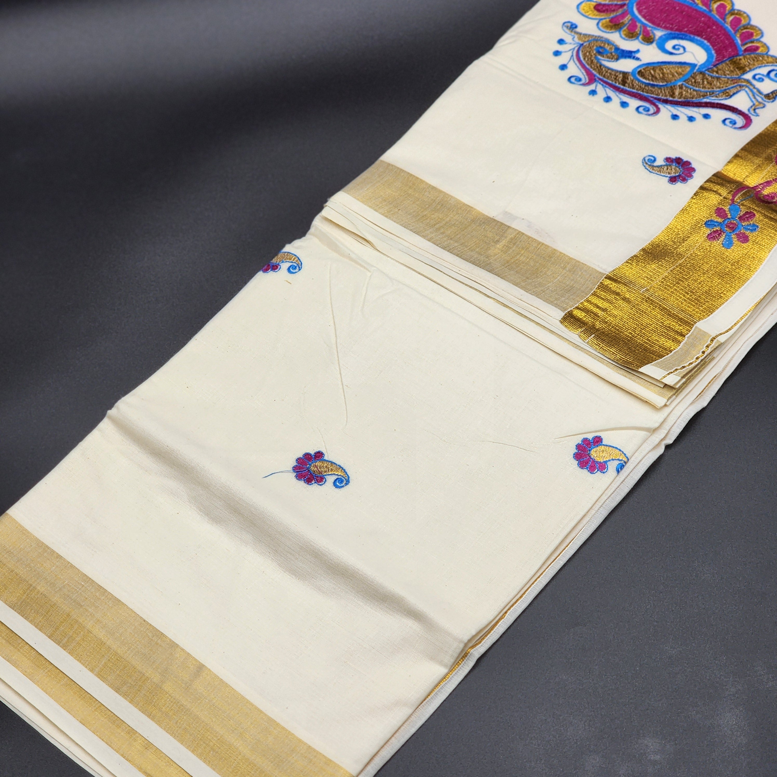 Traditional South Indian Saree peacock design in Blue , Gold dark pink with golden border floral design 2133 Eljoys Fashion