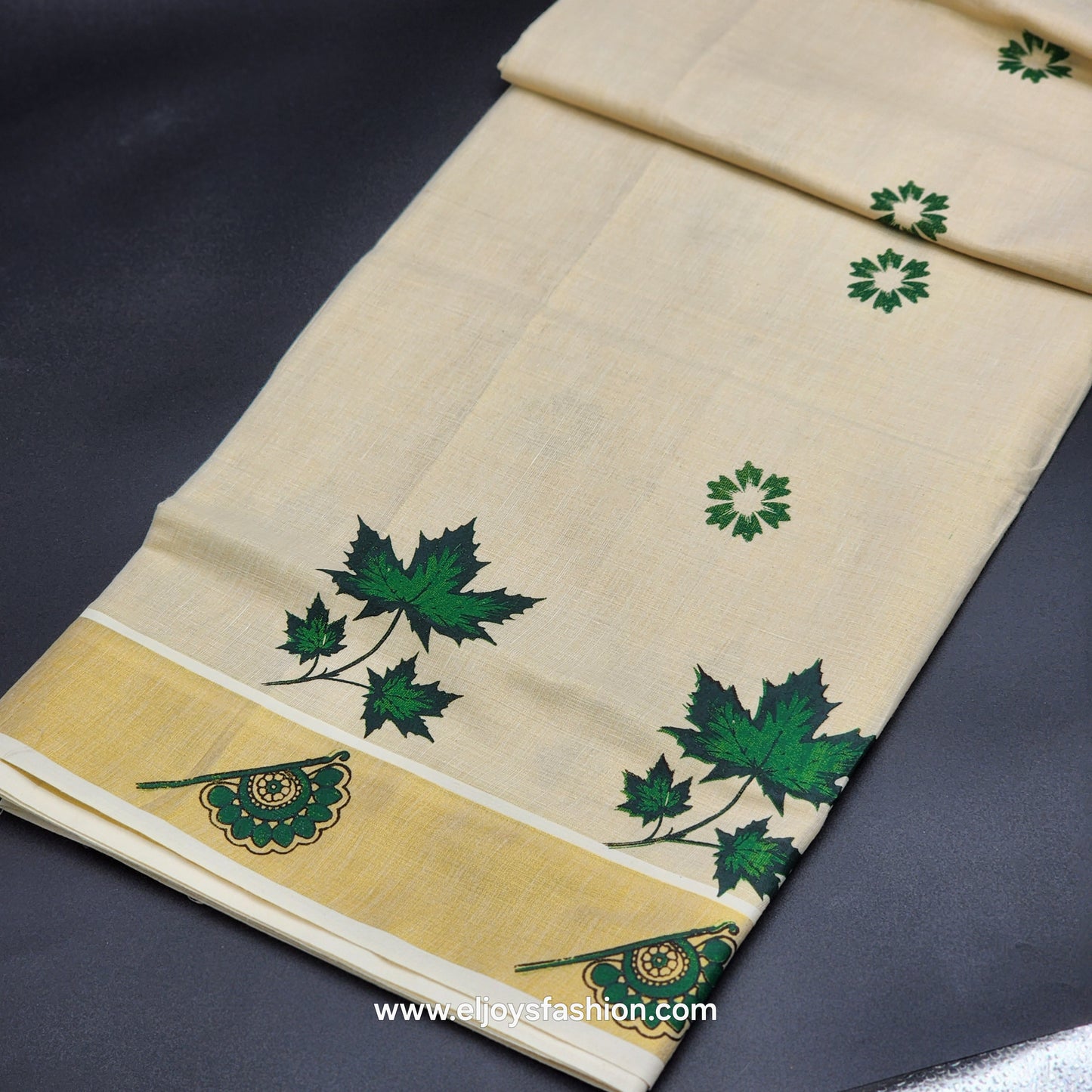 Kerala Saree 4 inch wide golden border and Green leaves on body   2143