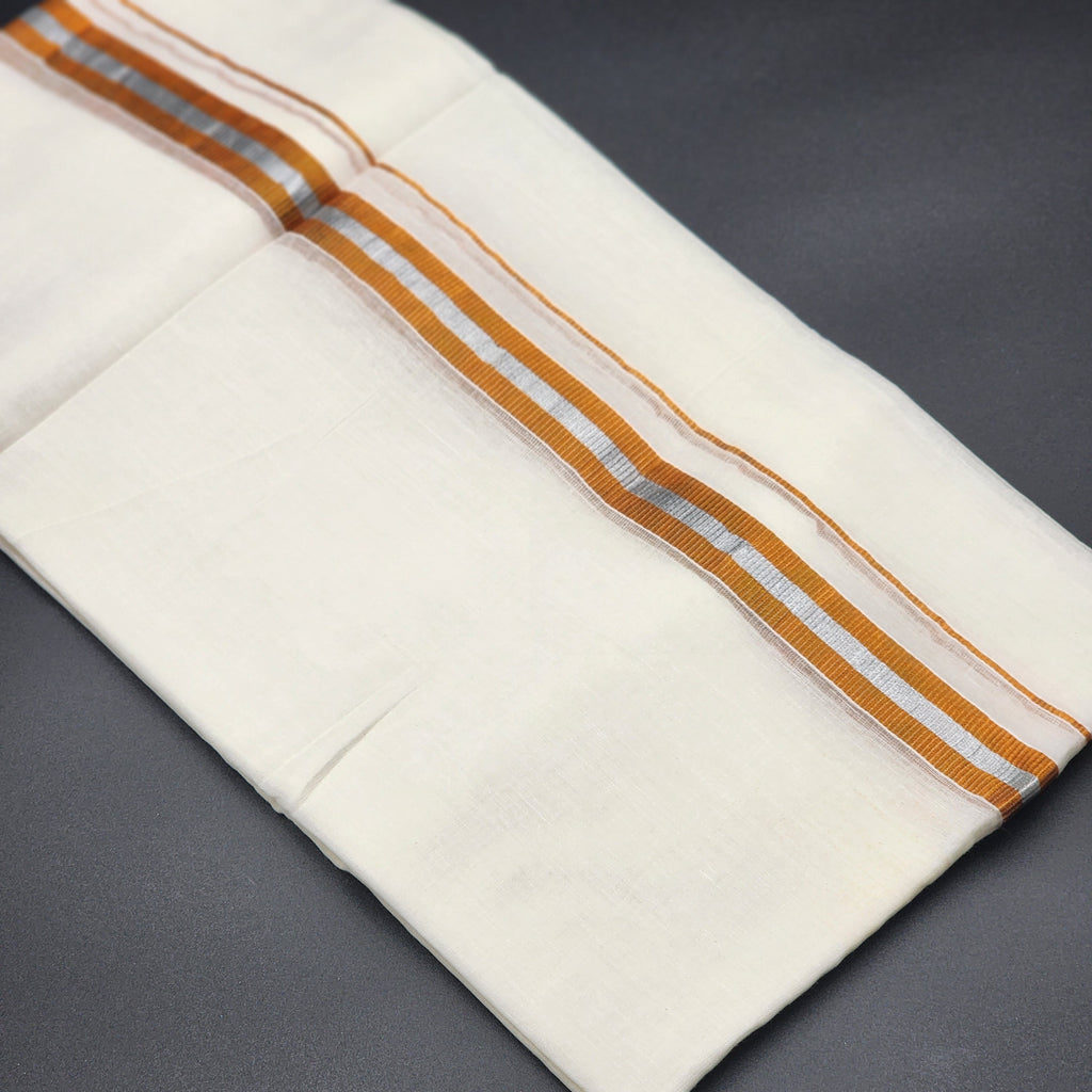 Dhoti Mundu Traditional South Indian style goldish orange and silver line 4101 Eljoys Fashion