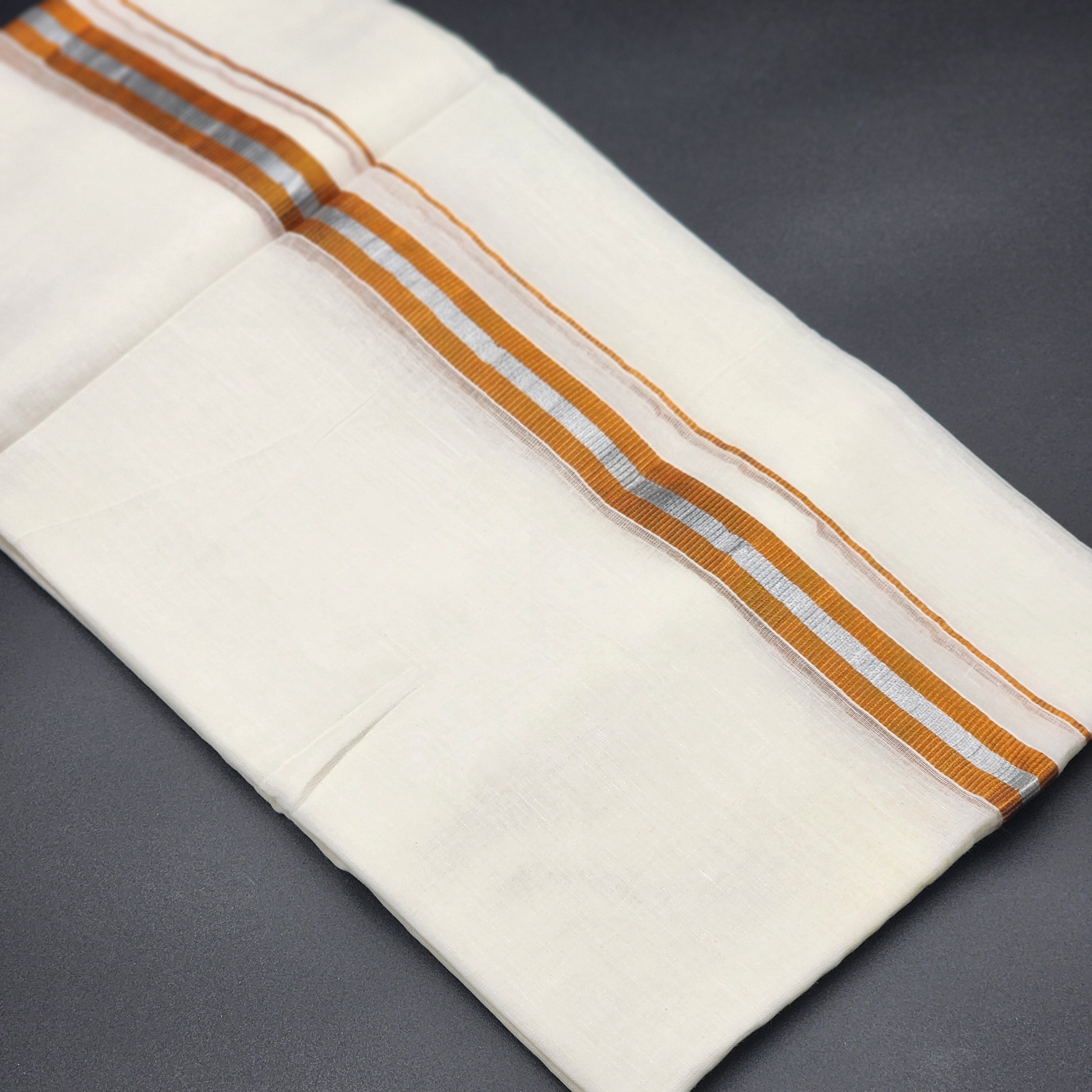 Dhoti Mundu Traditional South Indian style goldish orange and silver line 4101 Eljoys Fashion